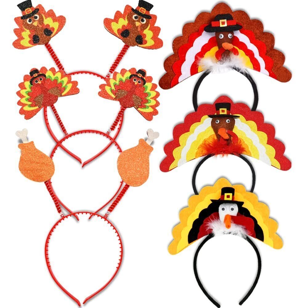 4792 3 Turkey Hat Headband and 3 Turkey Head Boppers Thanksgiving Set